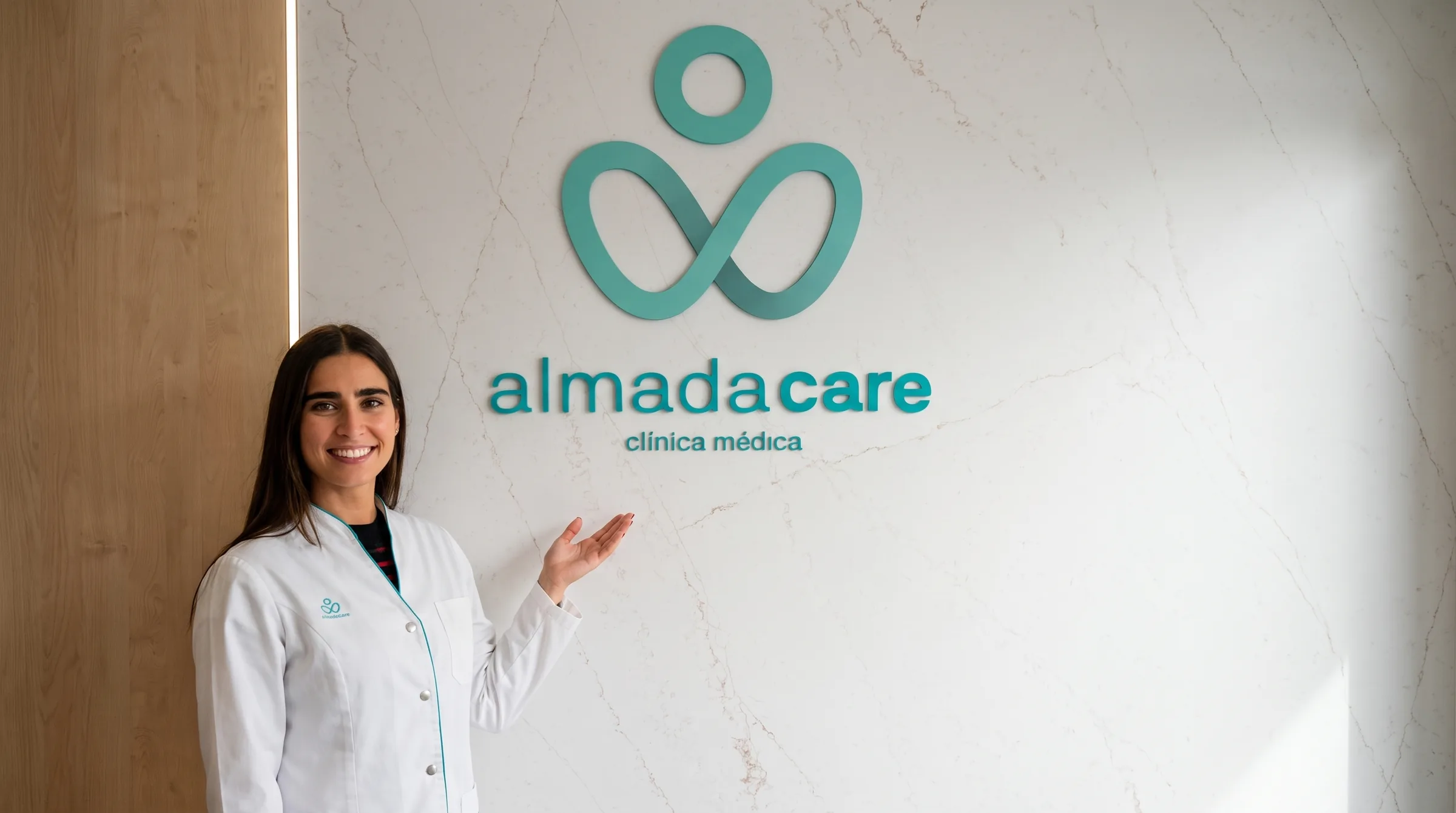 Dr. Ana Couto beside Almada Care's marble brand wall, presenting the specialties.