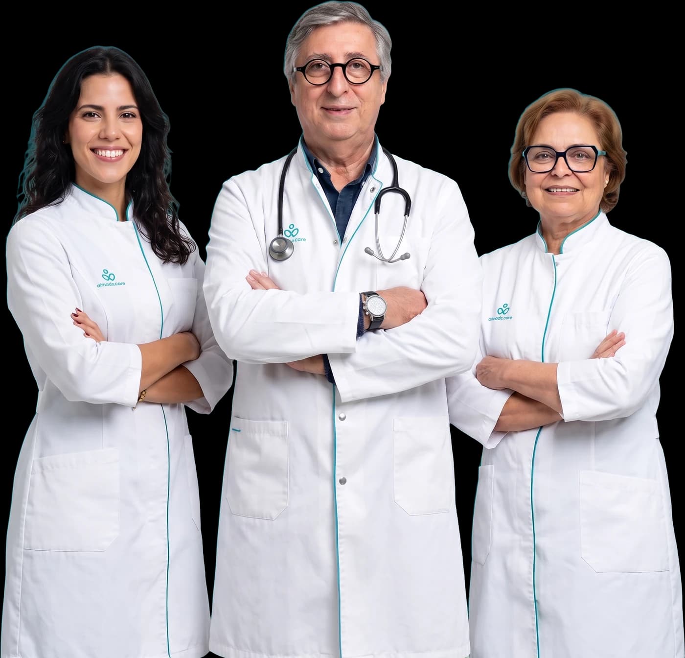 The Almada Care medical team: three doctors in branded white coats